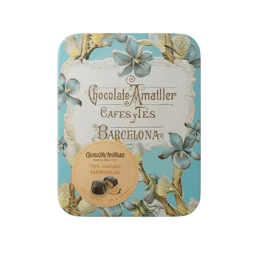 Конфеты в тёмном шоколаде 70% с апельсиновой начинкой в жестяной коробке  (арт. 2808)